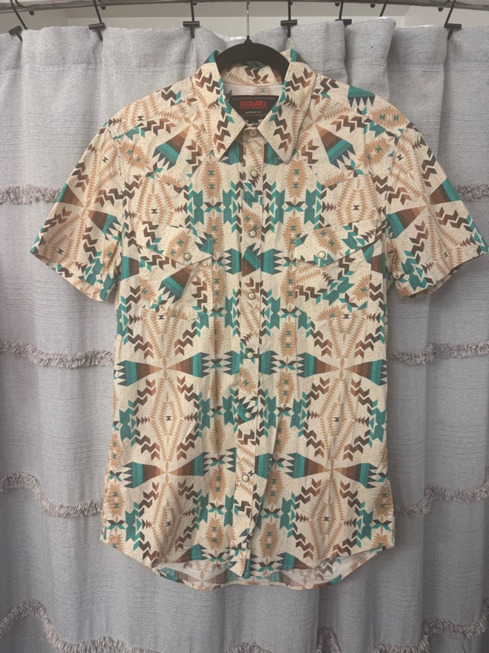 Rock & Roll Denim Modern Fit Aztec Southwest Short Sleeve Snap Shirt-SIZE M